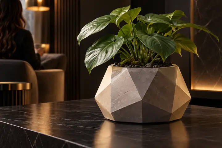Un pot de fleurs géométrique à facettes avec une base large et stable, présenté comme un objet 3D soigné sur fond sombre.