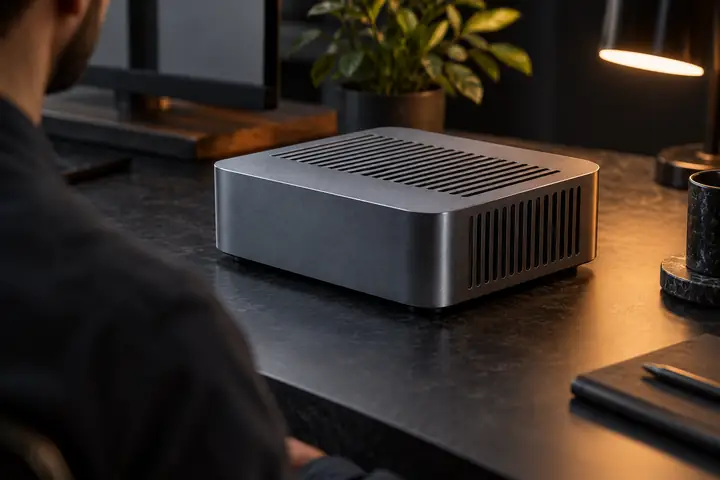 Un boîtier compact en graphite pour appareils électroniques, doté de fentes d’aération, présenté dans un rendu 3D épuré de produit sur fond sombre.