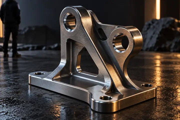 Une équerre mécanique de précision en métal avec des trous de fixation, isolée dans un rendu 3D détaillé en studio sombre.