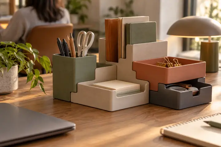 Un organiseur de bureau modulaire avec des compartiments emboîtables, présenté dans un rendu 3D de produit en vue trois quarts sous un éclairage doux.